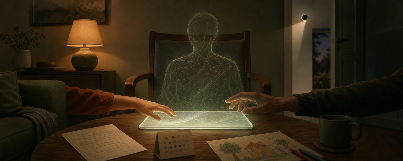 A dusk living room: letter, glowing tablet, a faint light-thread figure in an empty chair, a doorway camera; AI entering family life and what to keep.