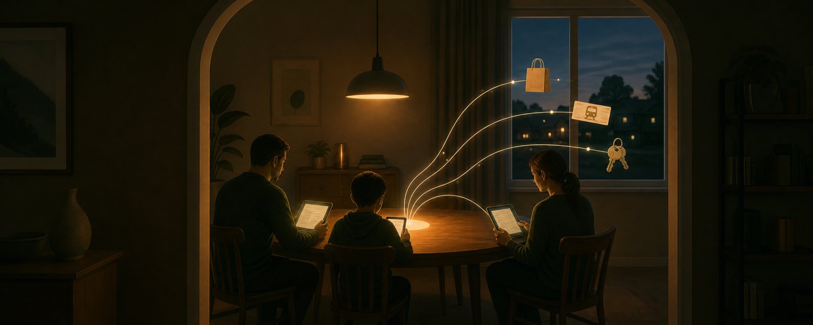 夕暮れの食卓で各自の画面が別々に光り、窓へ糸のように用事が流れ出る。手元に残す余白も照らされる。