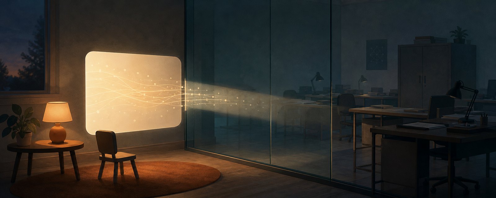 Dusk room: an empty chair faces a softly glowing panel, while behind a glass wall dark researchers' desks stay unlit, showing adoption outpacing verification.