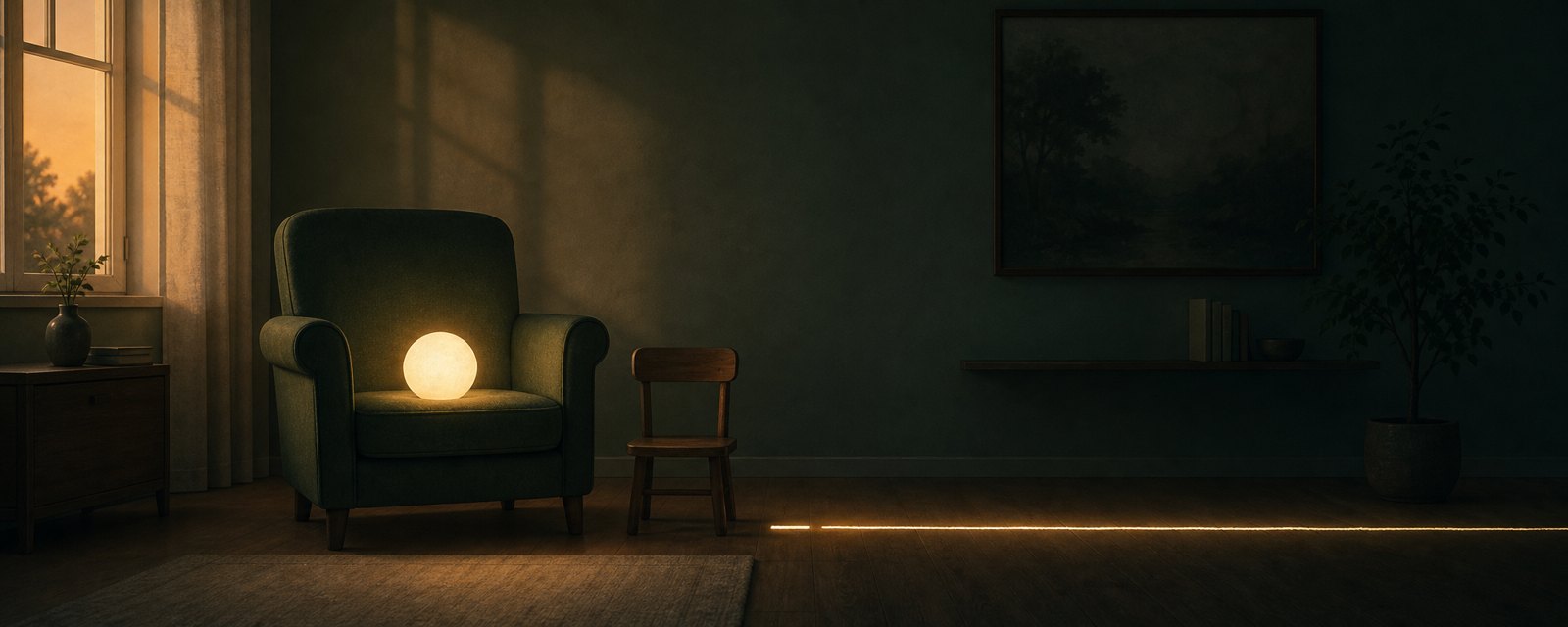 夕暮れの部屋で、空いた椅子に淡い光の球が座り、床の細い境界線がその手前で途切れている。AIが人の役割に入り、線引きが追いつかない様子。