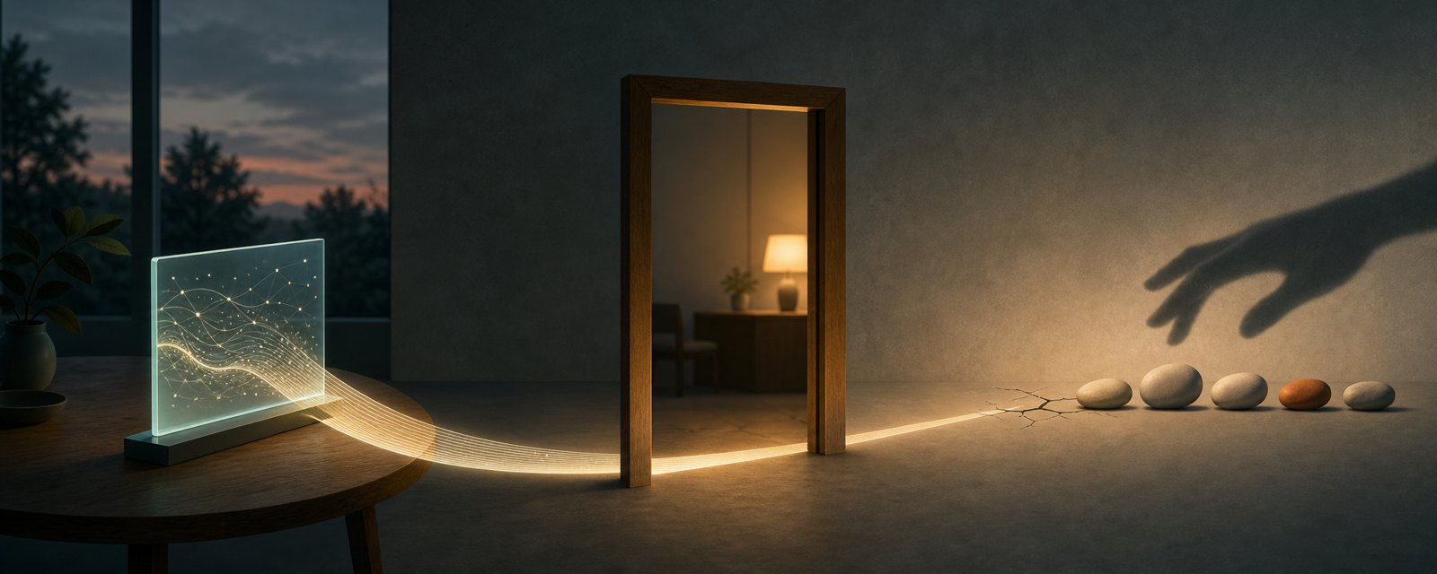 光る板が示す道の先に薬のような石があり、手前の戸口の向こうに別の灯り。確認してから進む大切さを表す。