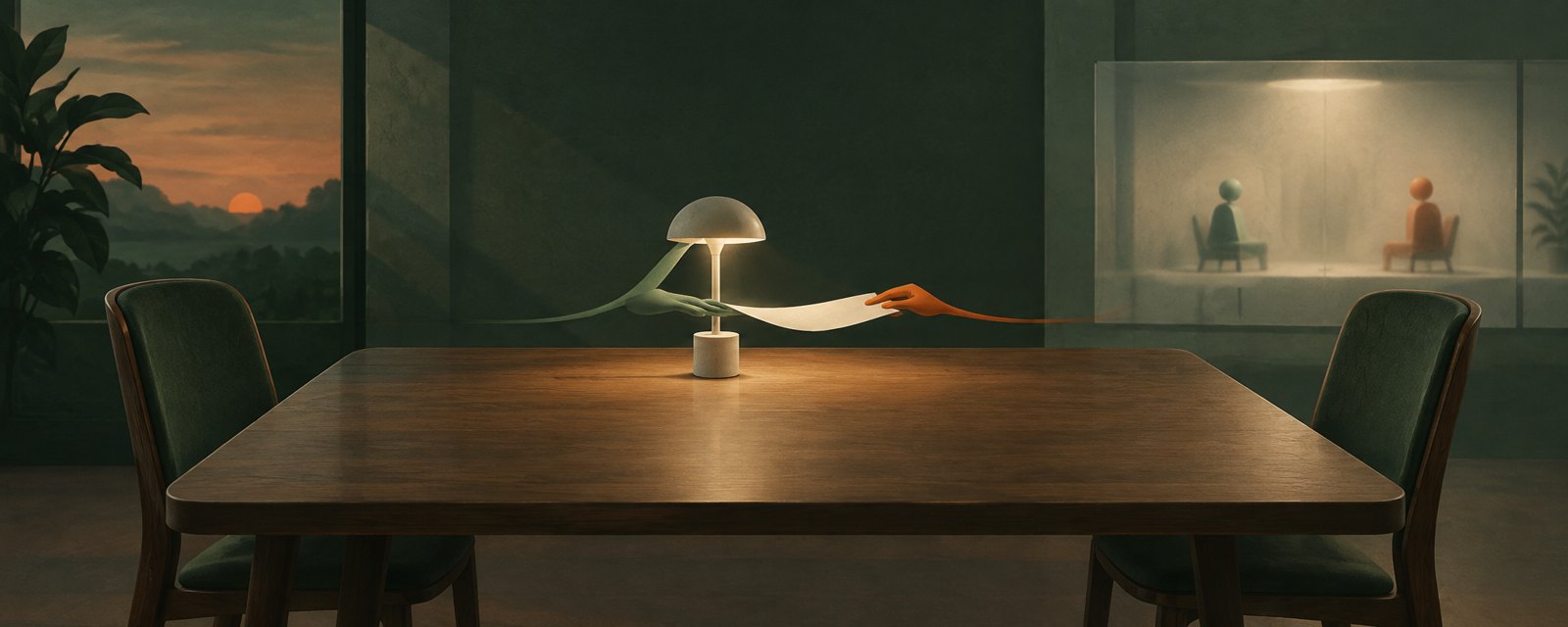 A small lamp-like go-between passes a blank slip across a table between two empty chairs, while two abstract figures sit behind frosted glass, still an experiment.