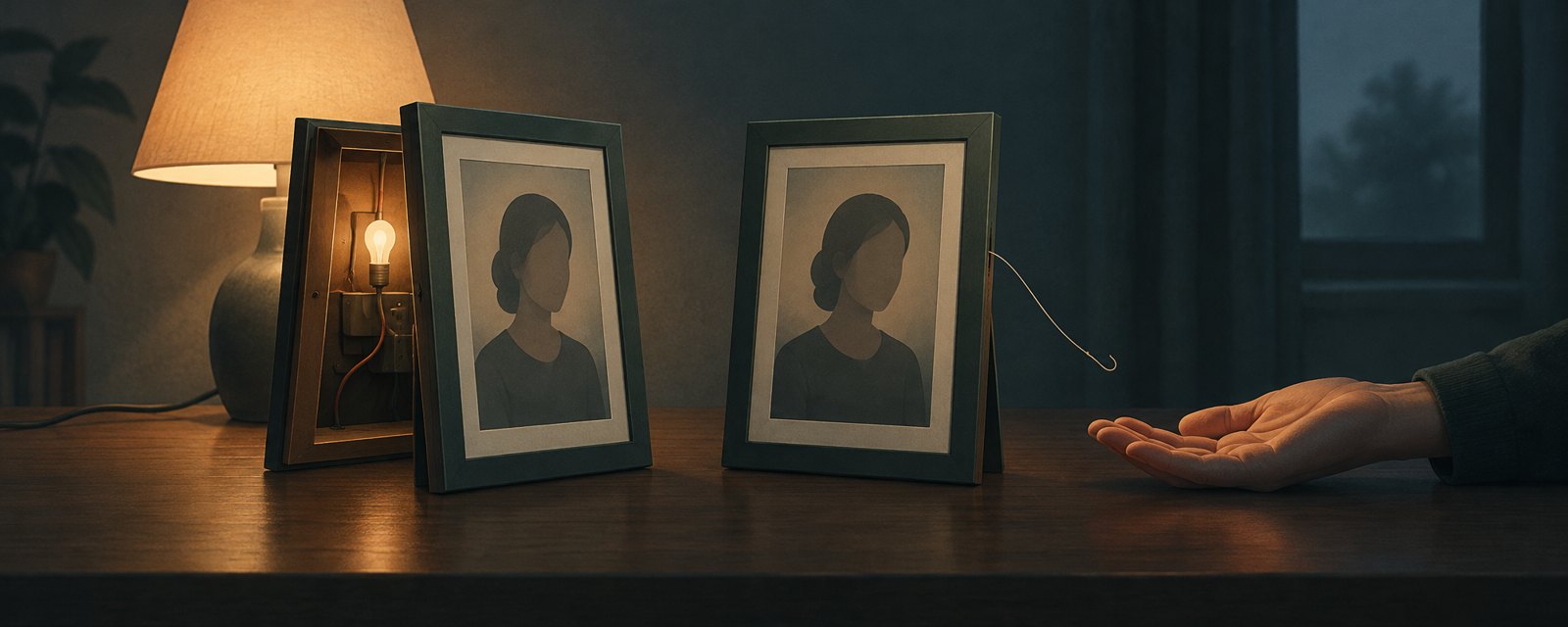 Two identical portrait frames: one open at the back, revealing its mechanism; the other sealed, with a thread reaching toward a hand. Disclosure marks the difference.