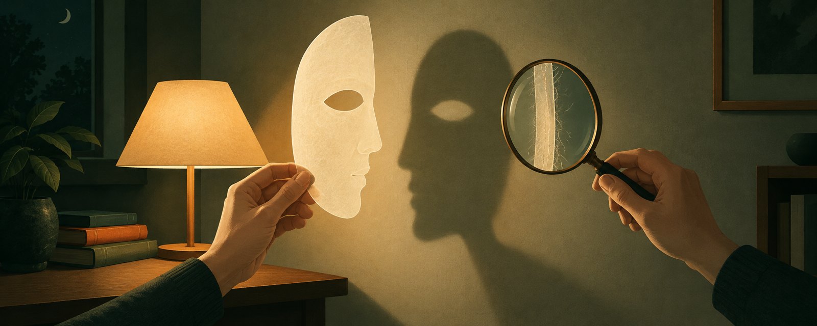 灯りの前に掲げた薄い仮面の影と、縁の継ぎ目を拡大するレンズ。偽装と検知が同じAIの両面であることを示す。