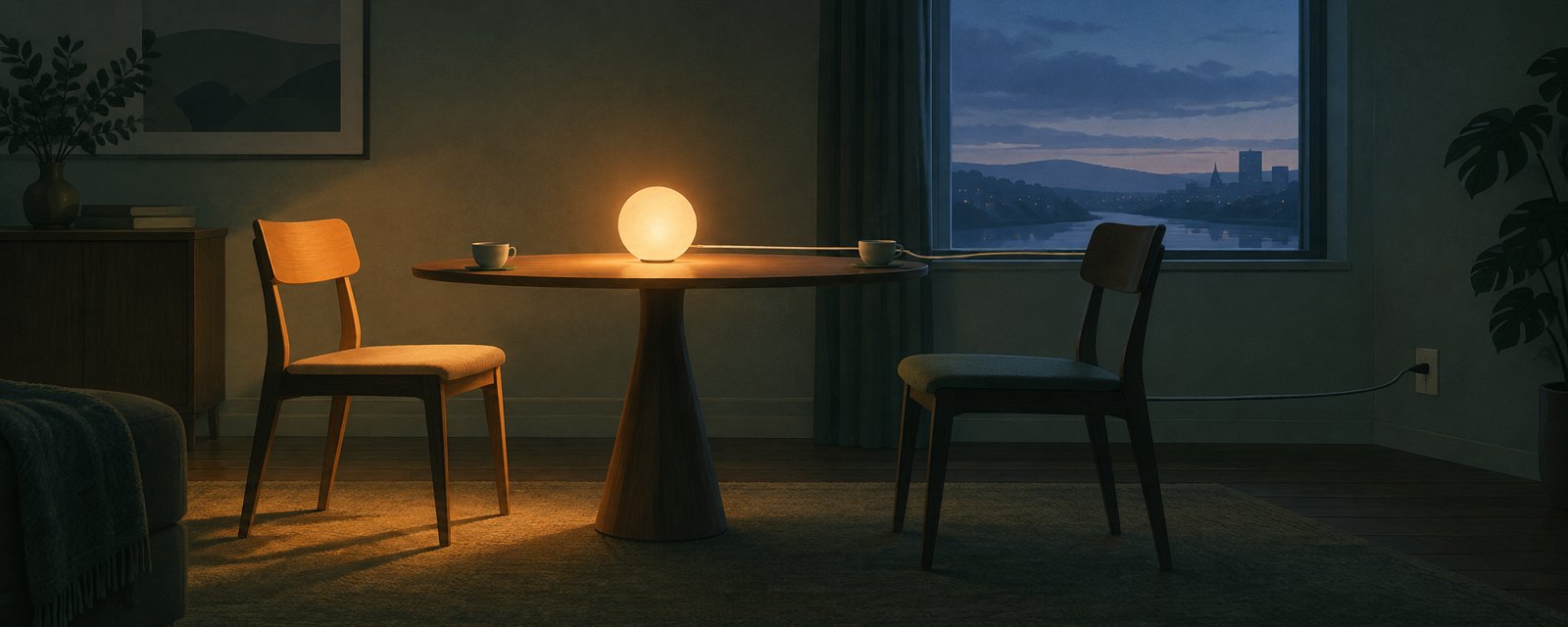 In a dusky room, a glowing orb between two apart chairs lights only one side, suggesting AI slipping between people and creating distance and dependence.
