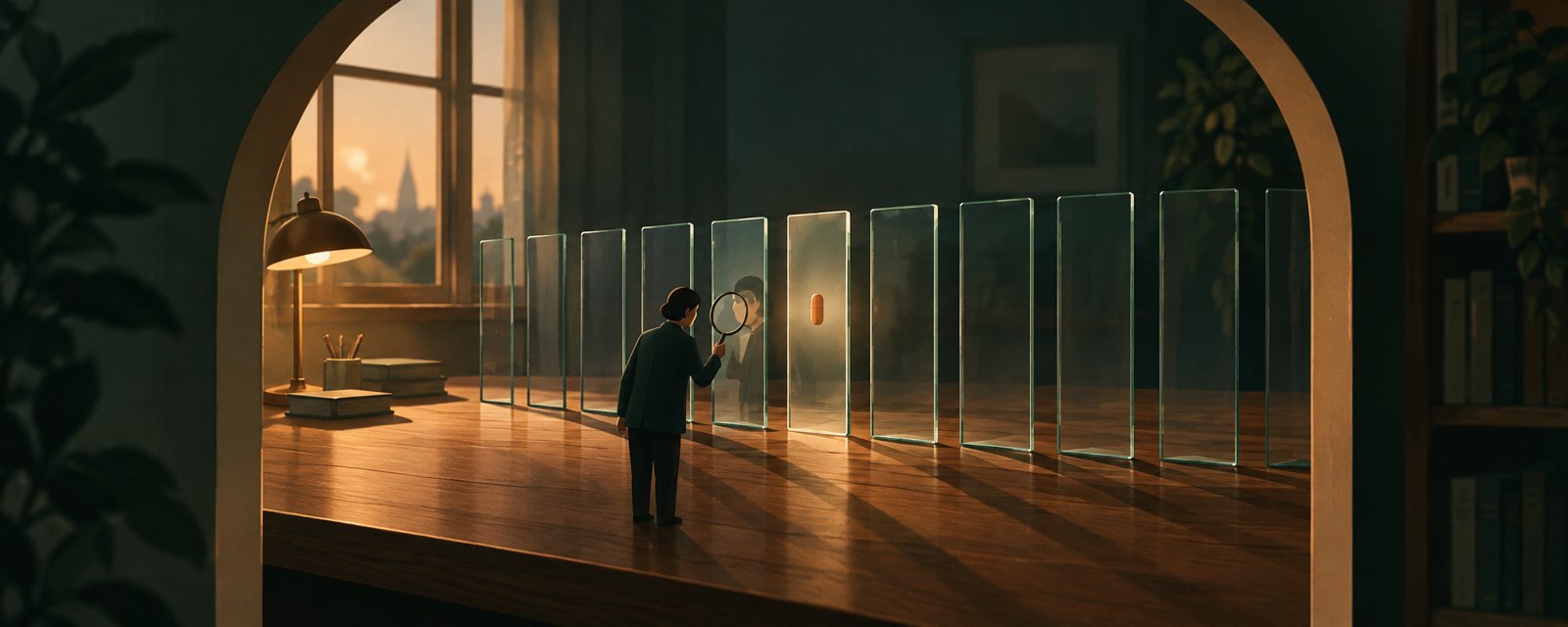 At dusk, a small figure inspects one pane in a long row of empty glass panes with a magnifying glass, suggesting volume without substance and the need to verify.