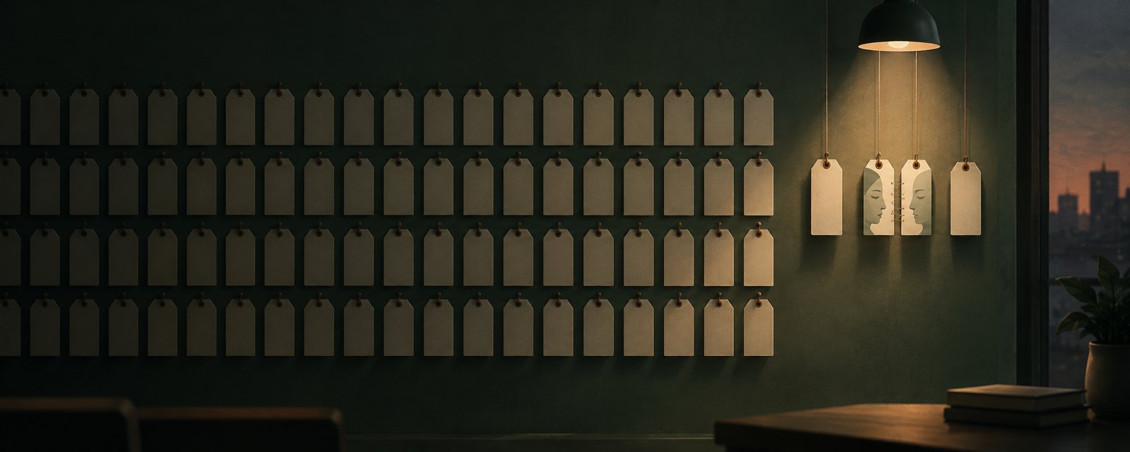 同じ白い札が壁一面に並ぶ中、離れた4枚だけが際立ち、うち2枚は継ぎ接ぎの像。見出しの多さより偽装への懸念を示す。