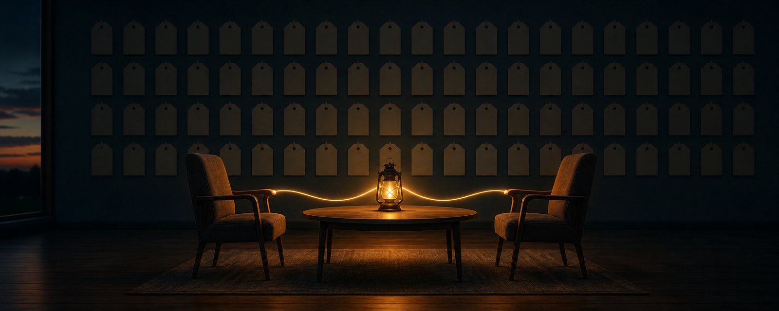 A lantern's thread of light joins two chairs at a table, while a dim wall of identical blank tags stays unread: real connection versus sheer headline volume.