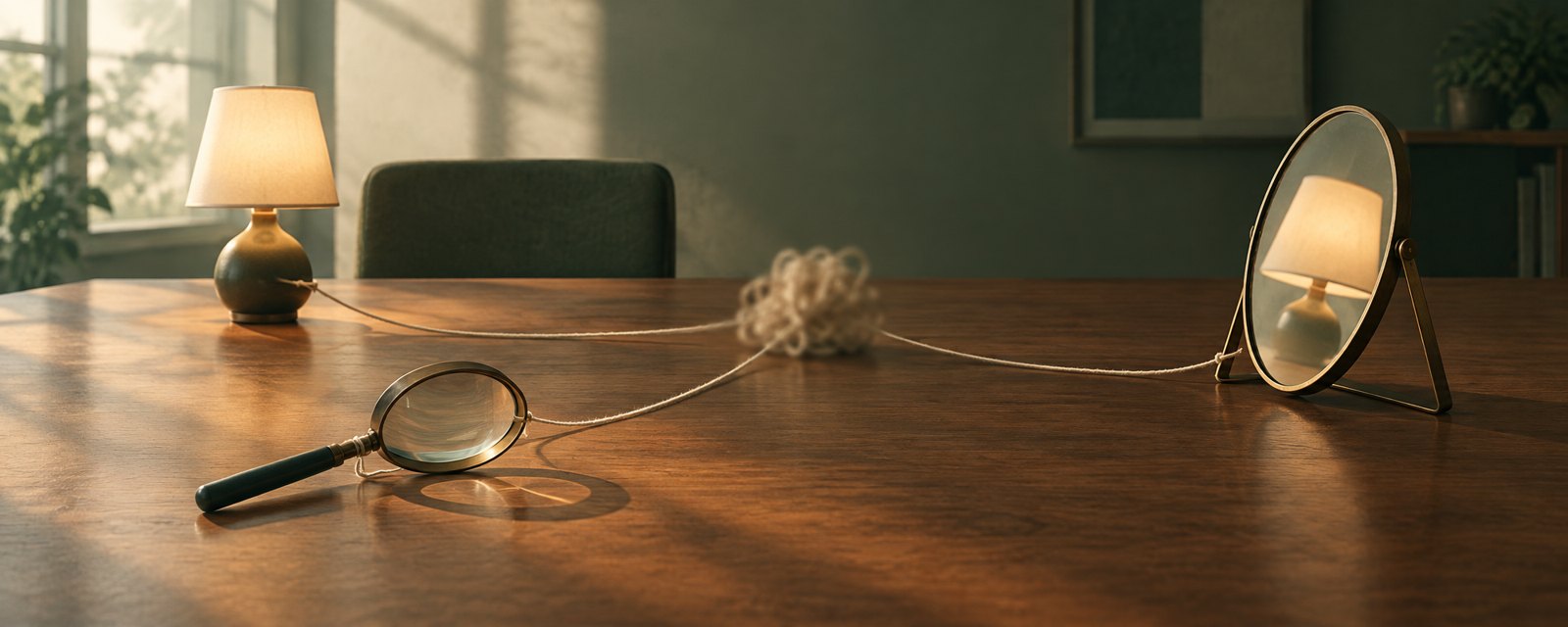 A lamp, a magnifying glass and a mirror sit apart on a morning table, linked by threads to one blurred knot: AI and love are several distinct uses.