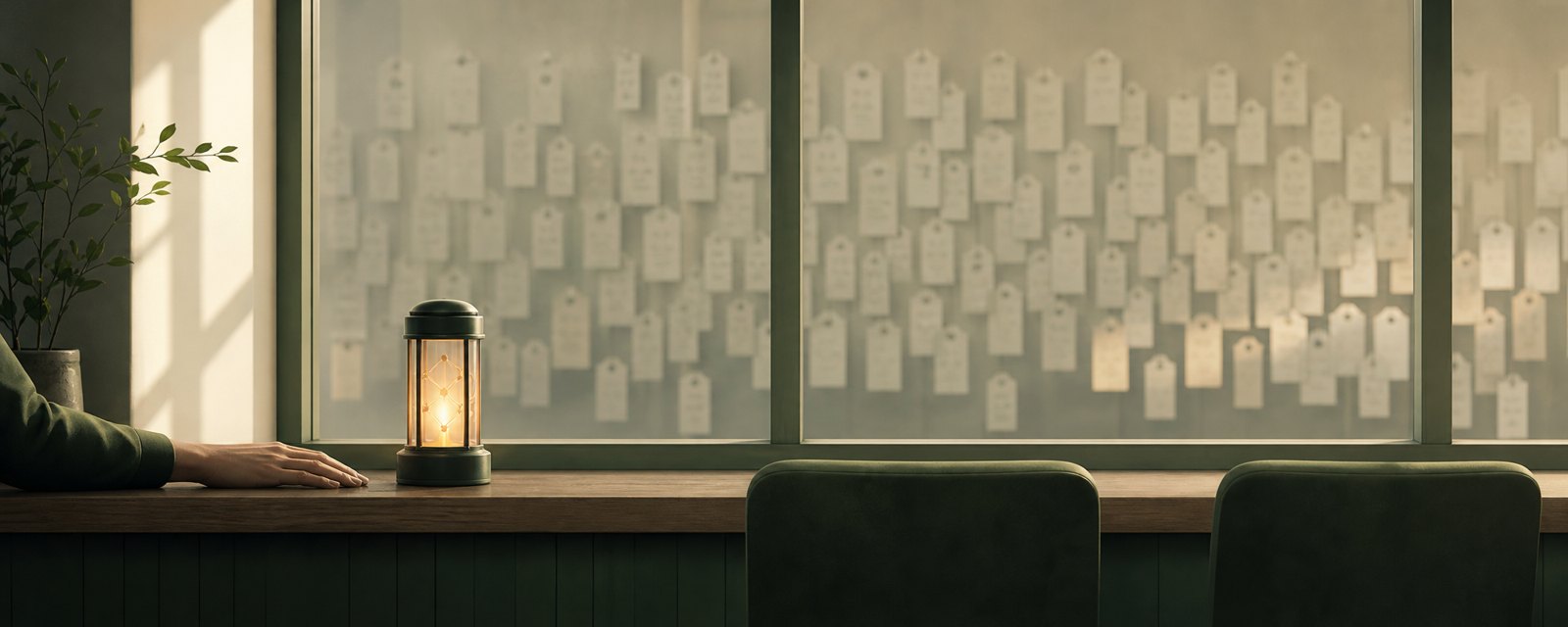 A calm counter with one clear warm lantern beside a hand, while countless identical dim tags blur behind: a real signal against promotional noise.