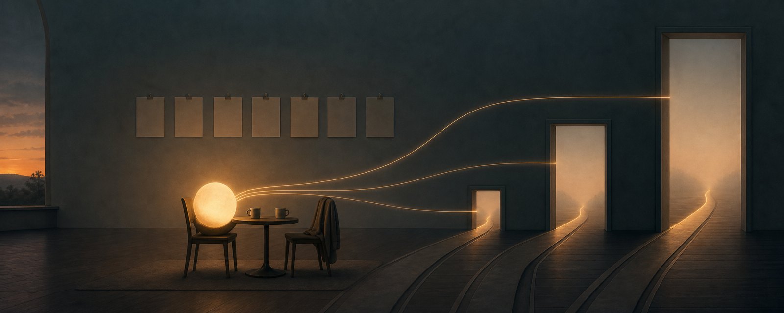 A dim room: a glowing orb faces an empty chair, three light threads reach hazy doorways, and blank cards hang on the wall, evoking AI in romance without clear evidence.