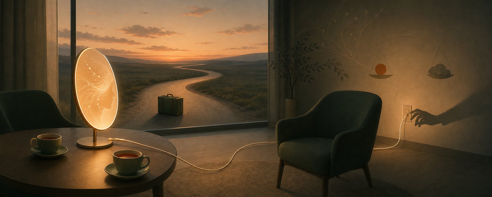 夕暮れの部屋で、光る画面と二人分の茶、壁の電源へ伸びる線。関係が提供側に依存する静かな重さを表す。