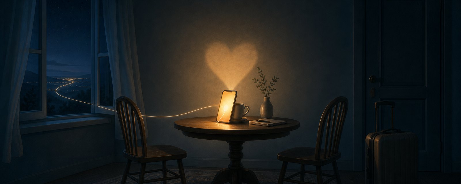 夜の部屋で、光る端末が空の椅子の向かいに置かれ、窓の外へ細い糸が伸びる。AIへの恋と依存の静かな重さを表す。
