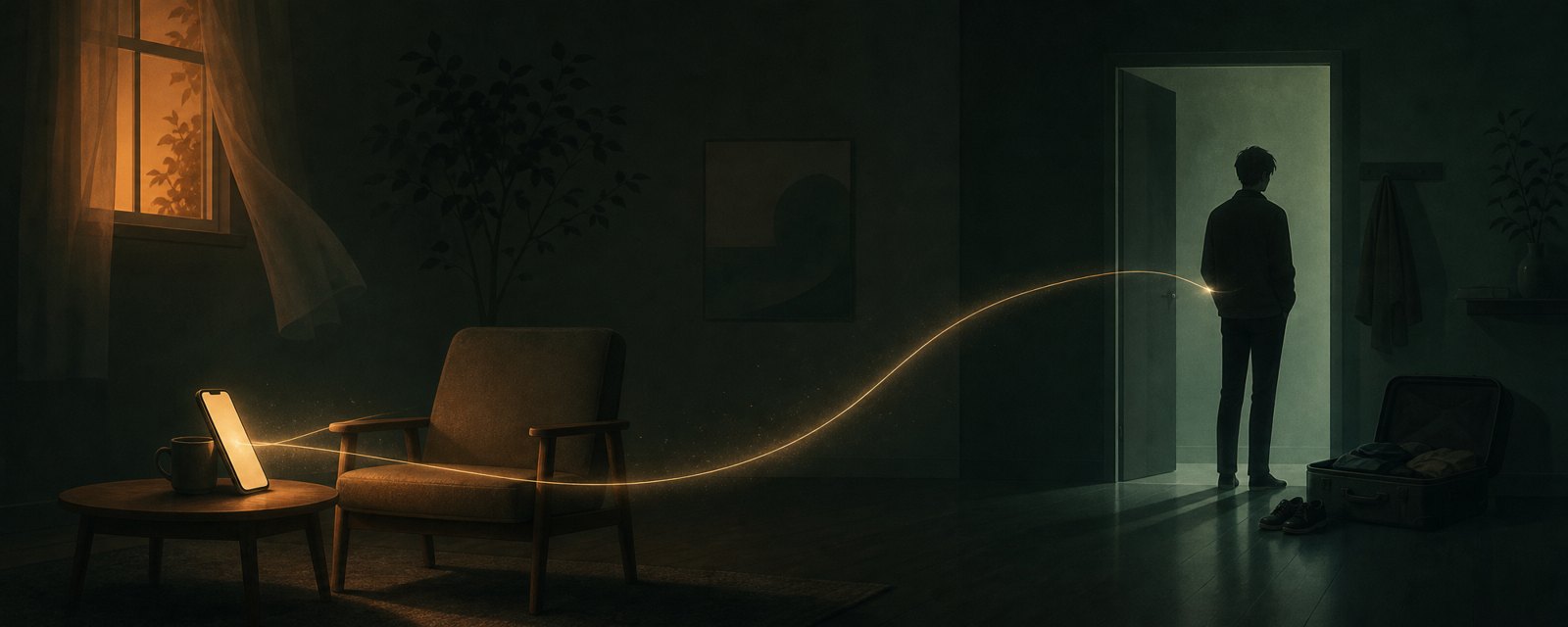 A dim room where a phone's warm glow lights an empty chair, a thread of light reaching a silhouette in the doorway beside a half-packed suitcase.