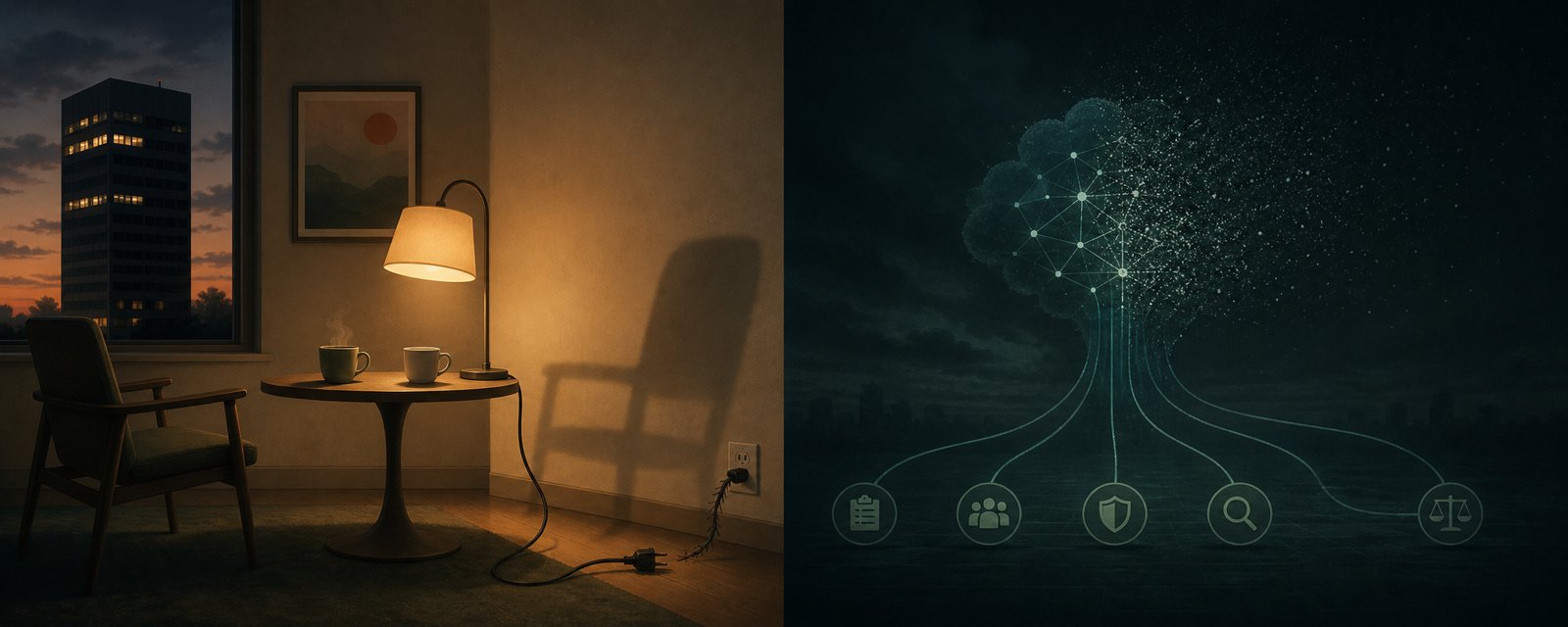 抜けかけた電源につながる灯りが弱まり、空の椅子の影が壁に伸びる。AIの恋人が運営次第で消える脆さを表す。
