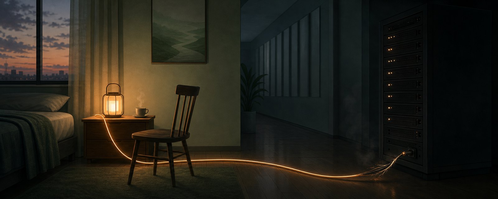 暗い部屋で、ベッド脇の温かいランタンの灯りが、消えゆくサーバーの電源に細い線でつながっている。AIの恋人の脆さを表す。