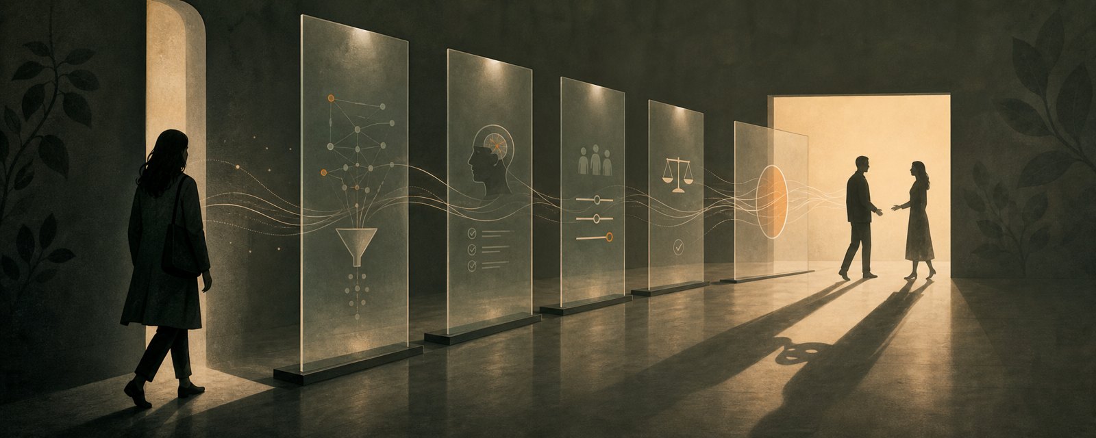 A dim corridor of translucent panels before a lit doorway; one approaching figure casts a mismatched shadow, suggesting AI hidden in early dating steps.