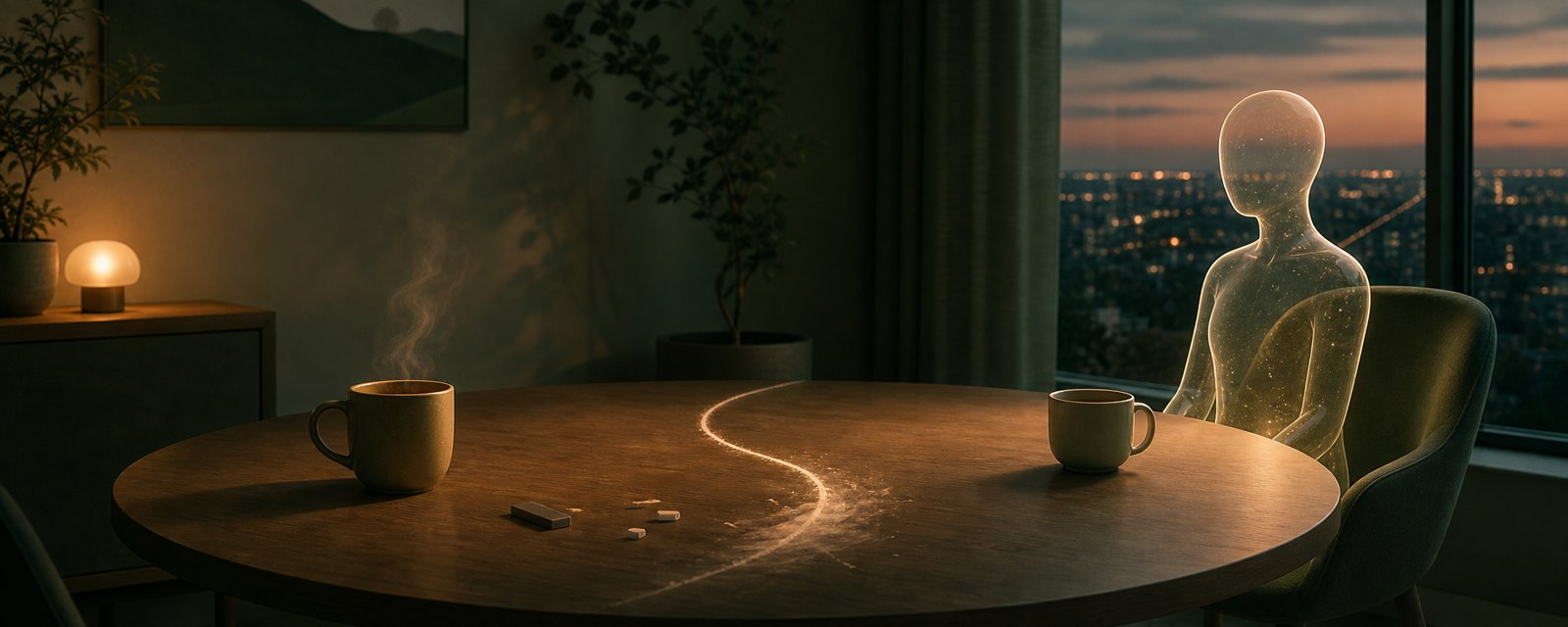 夕暮れの部屋で、湯気の立つカップと光るガラスの人影の間に、かすれた境界線が引かれている。関係の線引きの揺らぎを表す。
