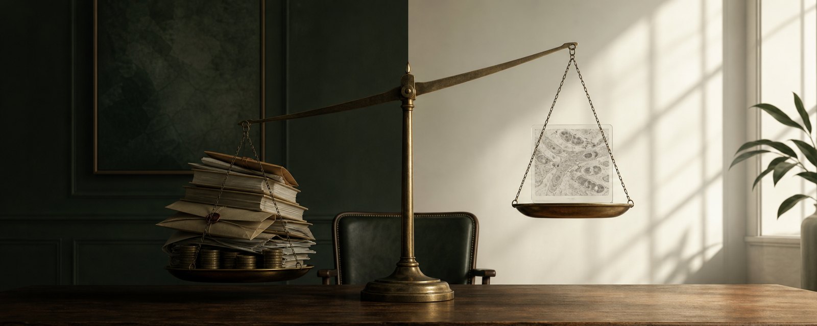 A balance weighed down by envelopes and coins while a thin scan slide rises light: funding and approvals outweigh the evidence of validation.