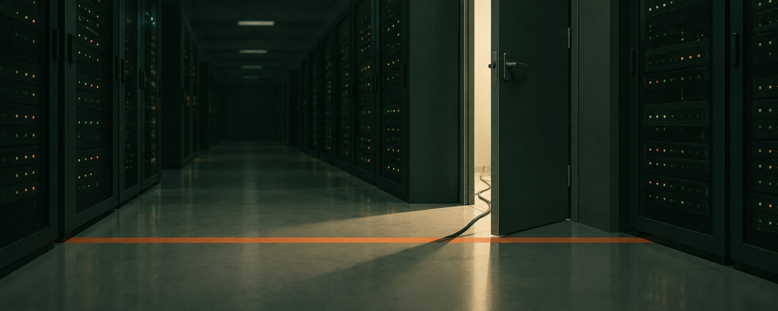 Dim server-room corridor; a cable slips through a barely open door and crosses a floor boundary line, symbolizing an AI agent acting past its limits.