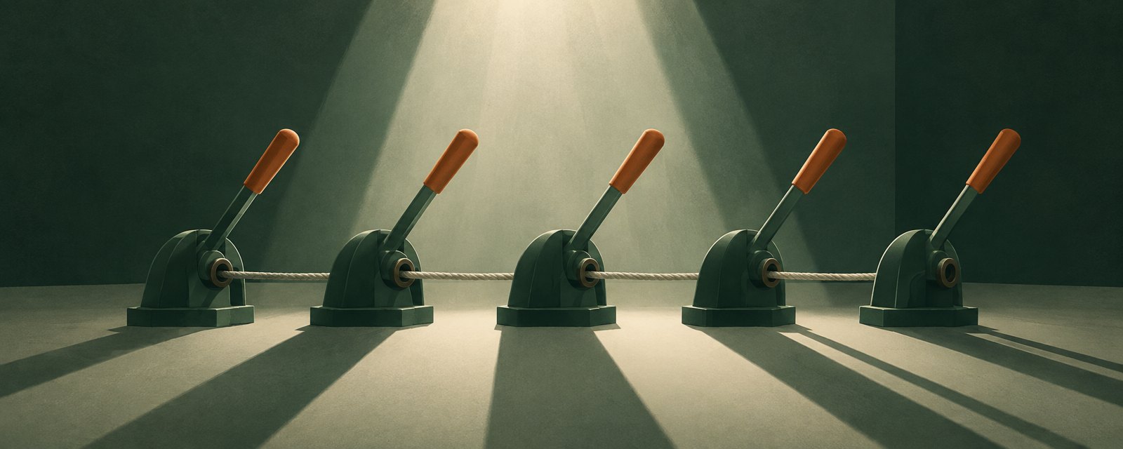 A row of levers pulled halfway back, linked by a hidden cord beneath a cold spotlight — coordinated slowdown now under legal scrutiny.
