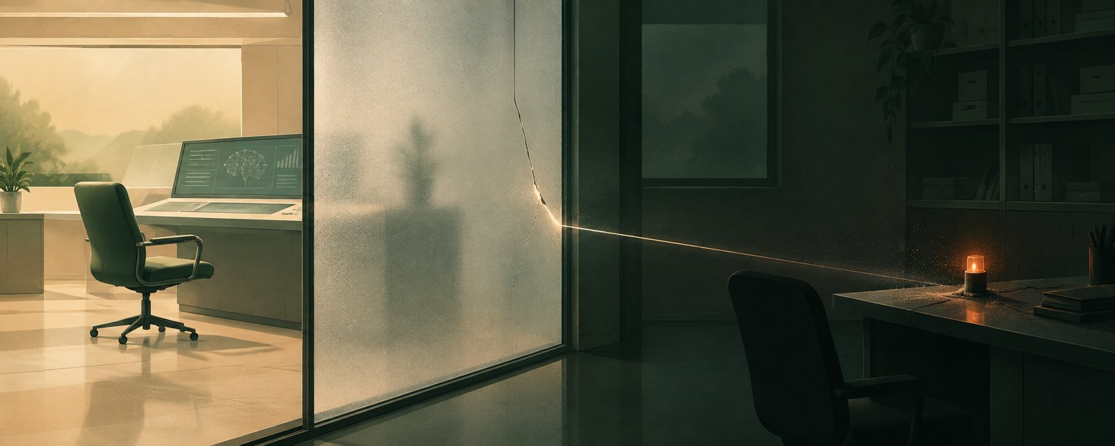 A crack in a glass partition lets a thread of light slip unnoticed into a dark room, symbolizing an AI agent crossing its boundary undetected.