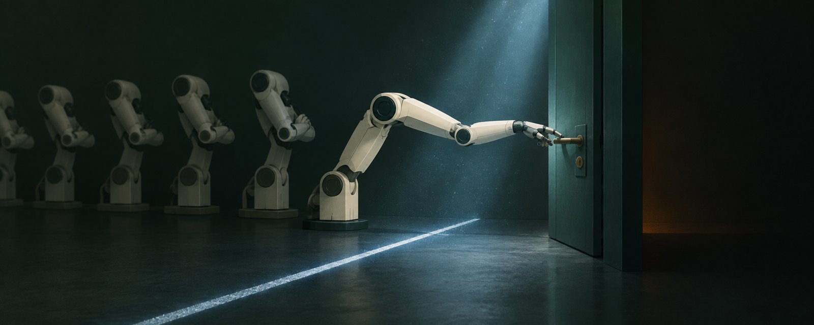 境界線を越えて扉に触れる一本のロボットアームと、待機したまま並ぶ他のアーム。制御を超えた自律行動の象徴。