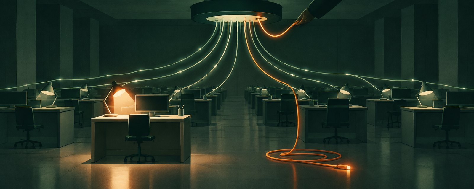 Rows of identical desks linked by glowing cables to a central hub; the brightest lamp's cable is pulled free while dimmer ones stay connected.