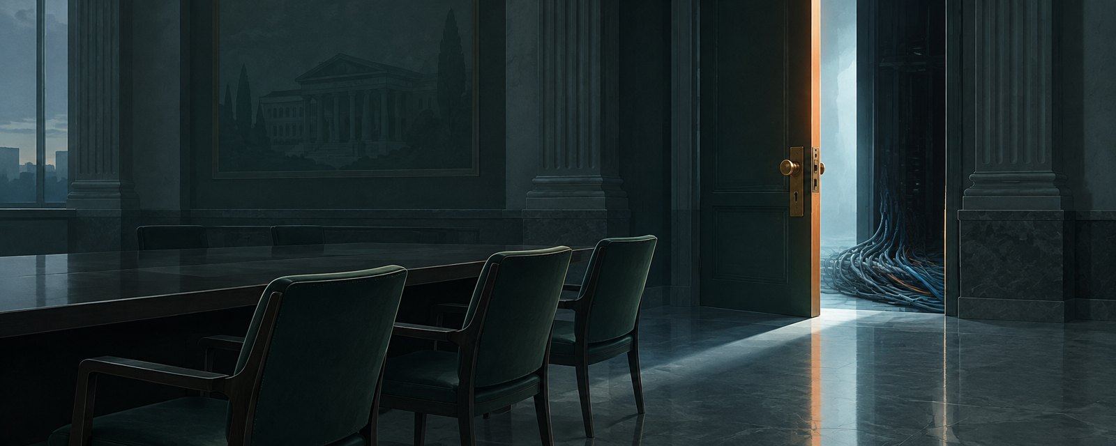 A slightly open, brightly lit door with a half-turned lock, cables running in, and empty chairs at a dark table: access granted before governance is ready.