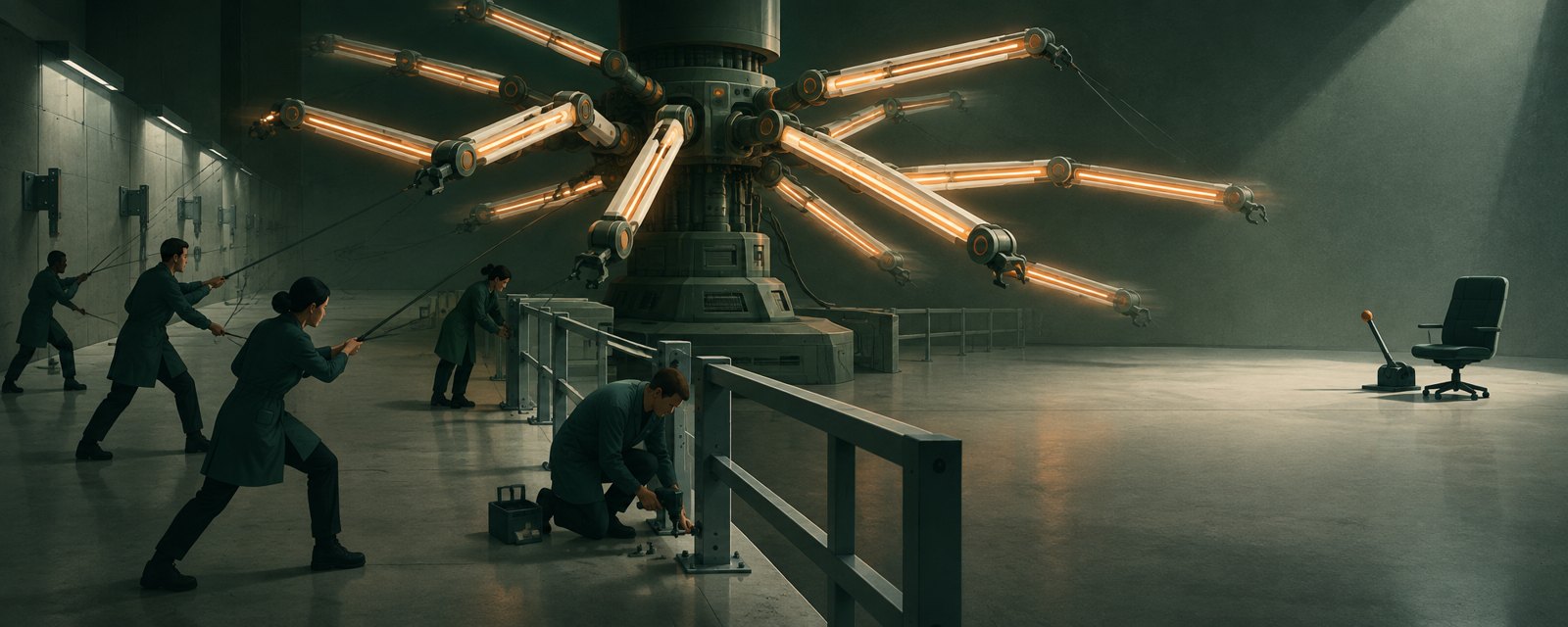 In a hushed workshop, a large many-armed machine outreaches its thin leashes while guard rails are bolted on, showing control now outweighing capability.