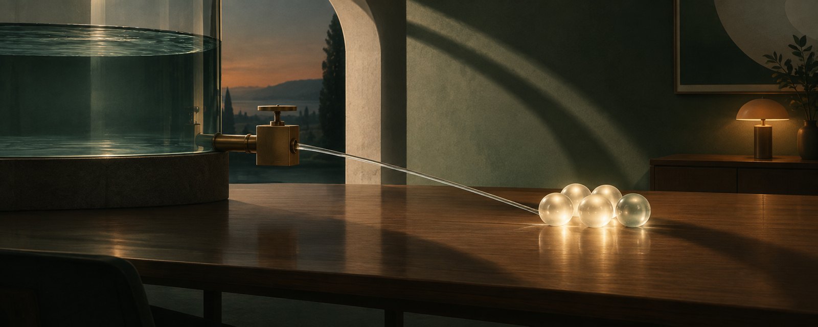 Near-identical glowing spheres on a table, a narrowed water stream feeding them and a large arch's shadow over all: converging performance, with cost and policy setting terms.