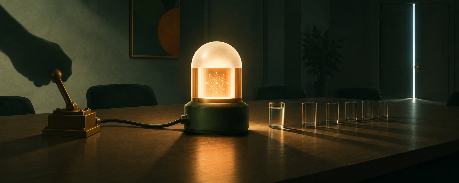 A glowing machine in a dim room, its power controlled by a looming lever shadow, with mostly empty glasses beside it, suggesting control, liability and cost.