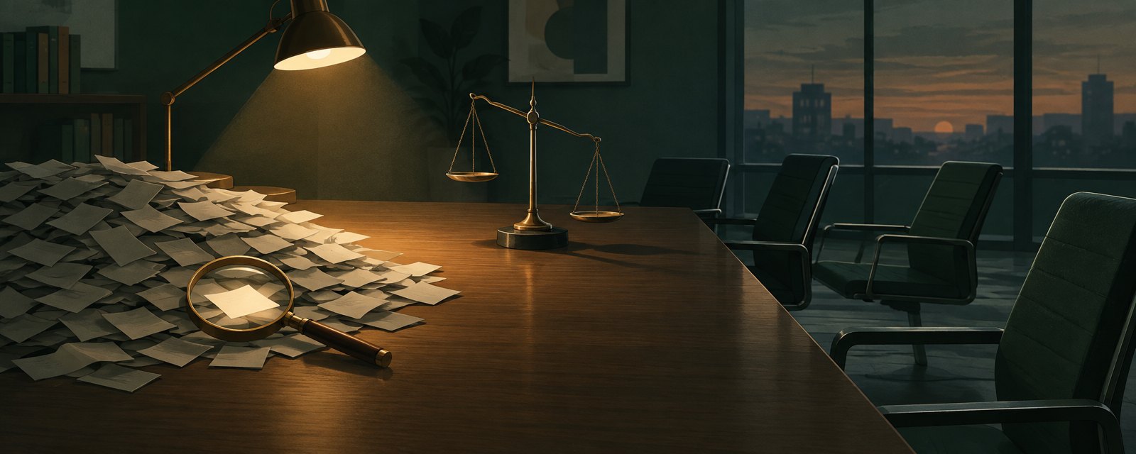 Dusk office: a heap of unchecked paper slips with one magnifier, mostly empty chairs, and a tilting scale, showing verification and jobs lagging AI output.