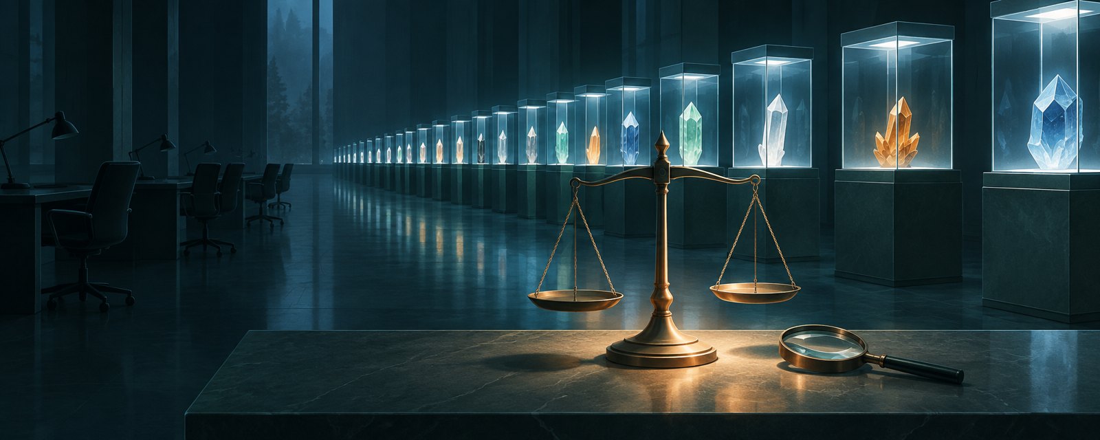 光る展示ケースが並ぶ暗い広間に、空の皿の天秤と虫眼鏡。発表の速さに検証が追いつかない様子を表す。