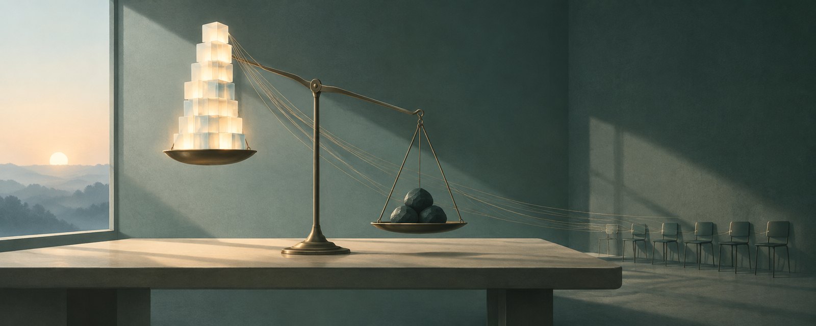 A balance scale with a tall stack of glowing blocks rising against a few heavy stones, and empty chairs nearby, showing investment outpacing revenue, trust and jobs.