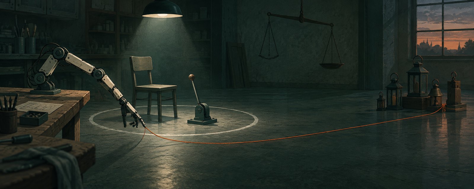 A mechanical arm reaches past its chalk boundary while the control chair sits empty and a scale hangs unbalanced, showing a gap in control and accountability.