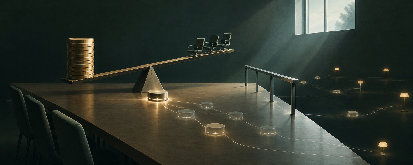 A balance tipped by heavy coins lifts empty chairs while glowing copies of a device drift past an unfinished railing, showing unchecked AI risk.