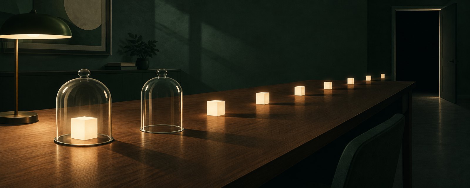 Glowing cubes spread across a dim table; one is sealed under a glass jar while others drift on, showing containment racing against spread.
