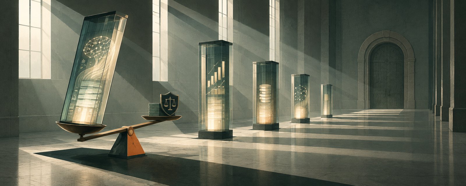Glowing towers in a dawn hall crossed by cold beams and a long shadow, one tilting on a balance: AI firms under growing regulatory weight.