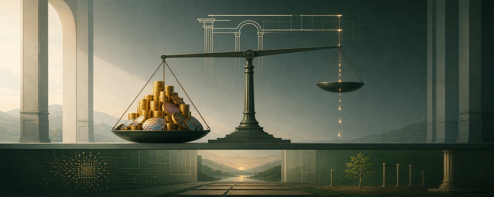 A scale weighed down by piled capital on one side, with only a trickle of revenue on the other and an unfinished frame above, showing revenue and rules lagging investment.