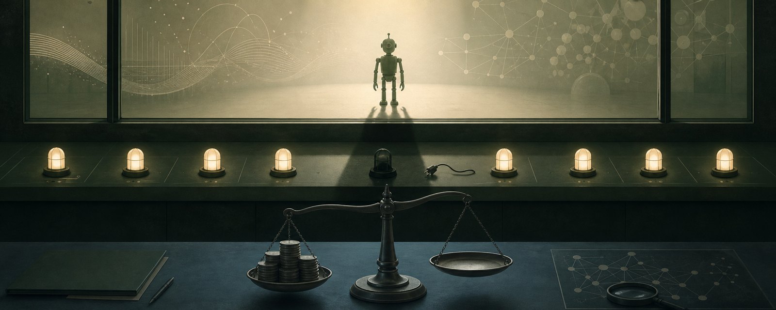 A dim monitoring panel with one dark lamp and an unplugged cable, a small machine figure beyond glass, and a scale weighted with coins.