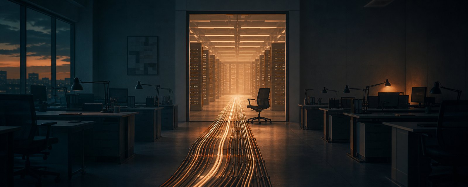 An emptied office hall with dark lamps, glowing cables running to a vast lit server room, showing spending shifting from people to AI infrastructure.