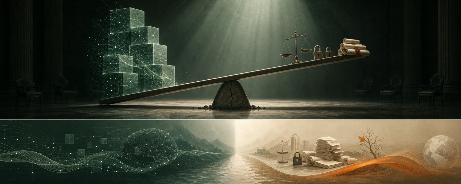 A balance beam tilts under a towering stack of glowing blocks against a few thin locks and scrolls, showing investment outpacing legal and governance safeguards.