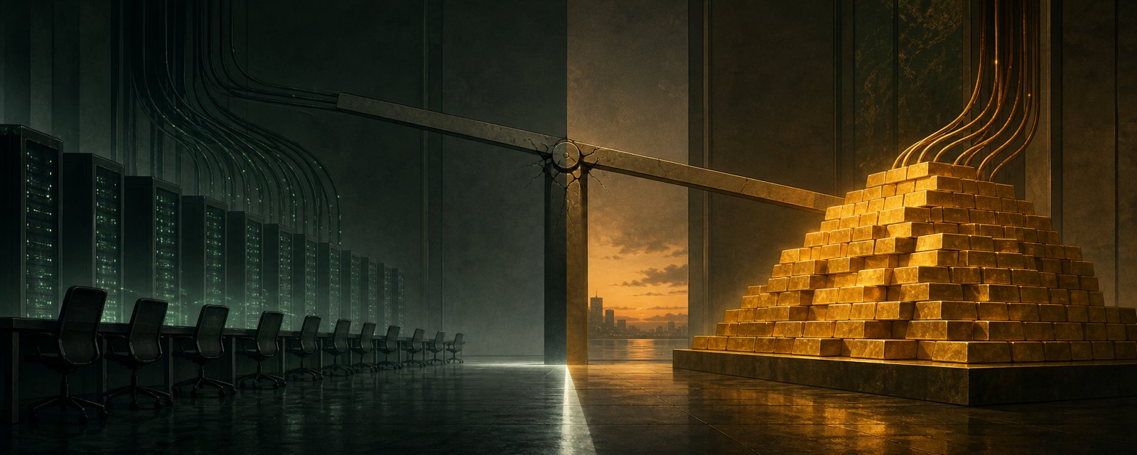 Gold ingots and glowing servers on one side, empty chairs fading into shadow on the other, showing huge AI investment alongside job cuts.