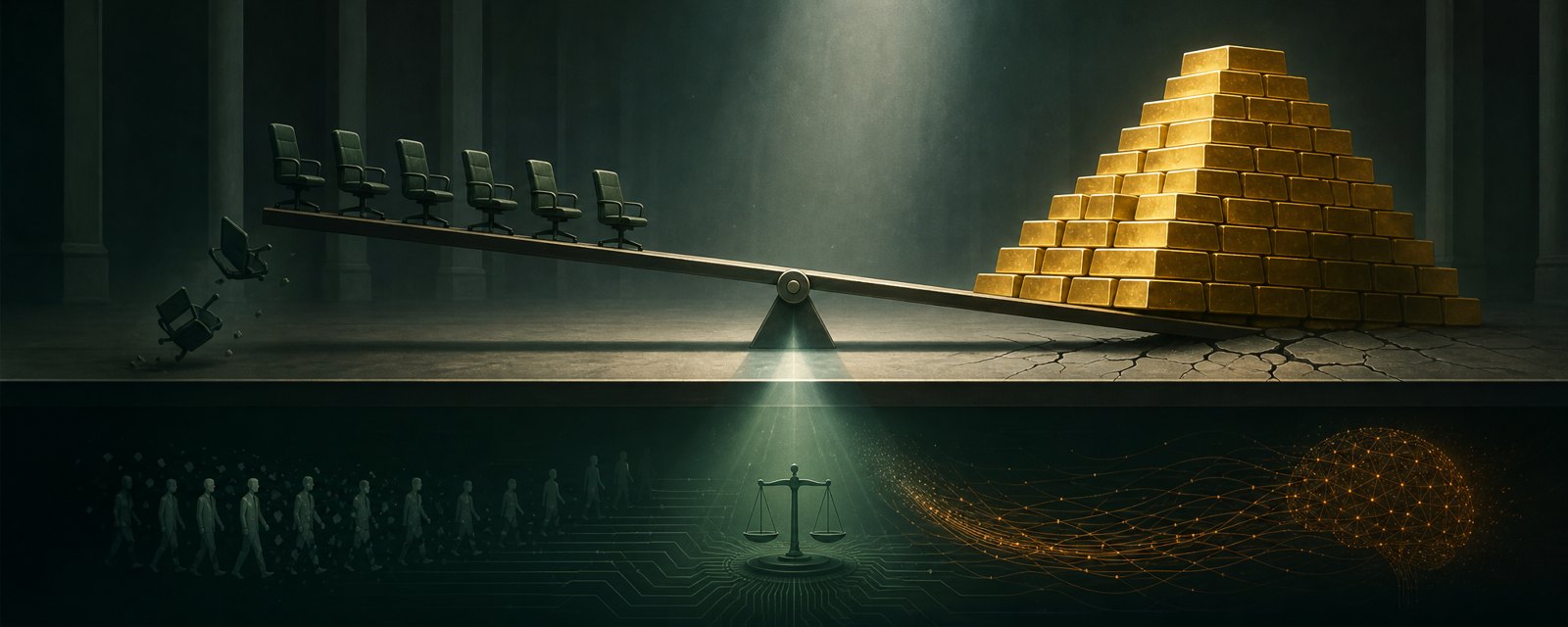 A trembling balance beam with a towering stack of gold on one side and emptying chairs on the other, showing AI funding growing as jobs shrink.