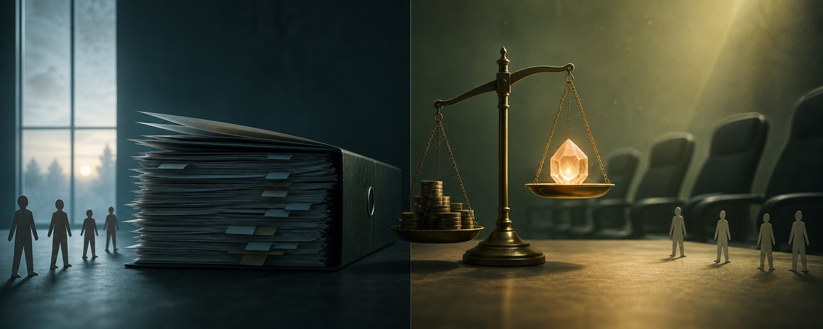 厚い書類の束と天秤。小さな発見の結晶より、資金と空いた椅子の側が重く傾き、成果の陰にある負担を示す。