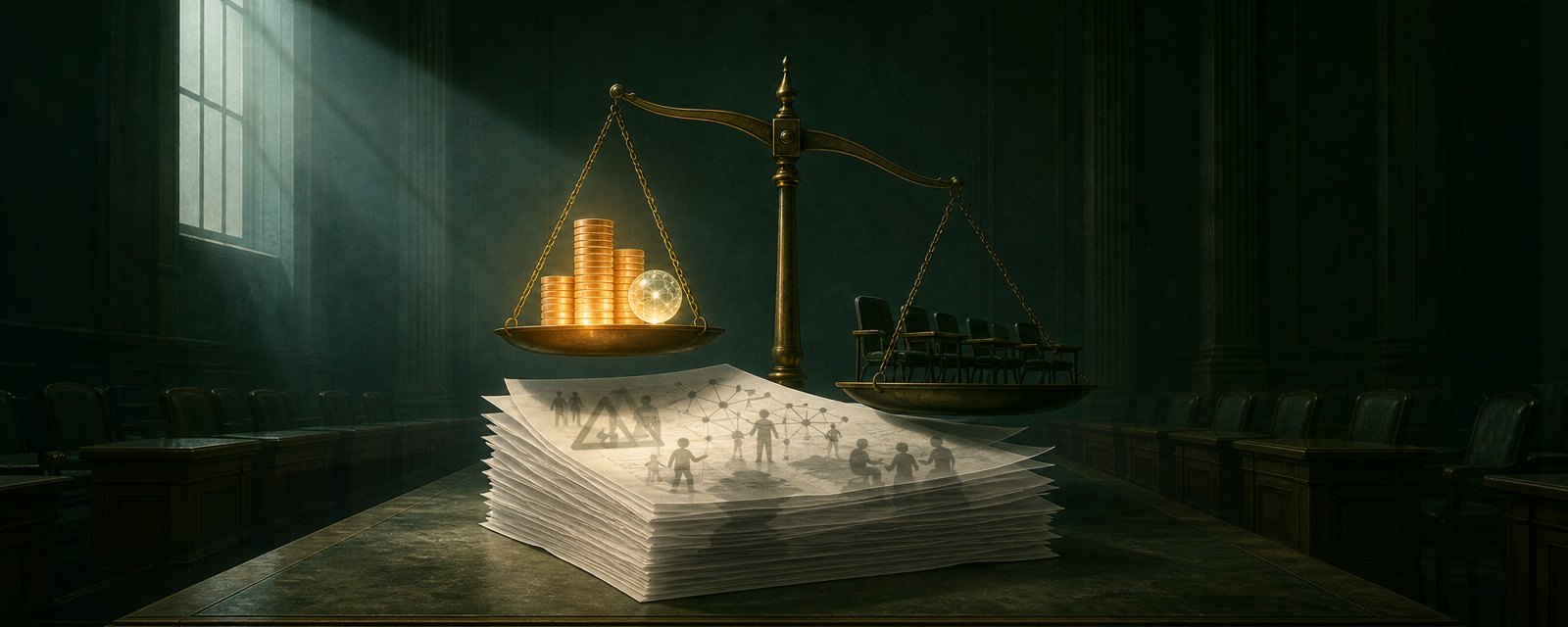 透ける分厚い書類と、資金と空席の椅子を載せて傾く天秤。AI への投資と開示されたリスク、雇用の重さを表す。