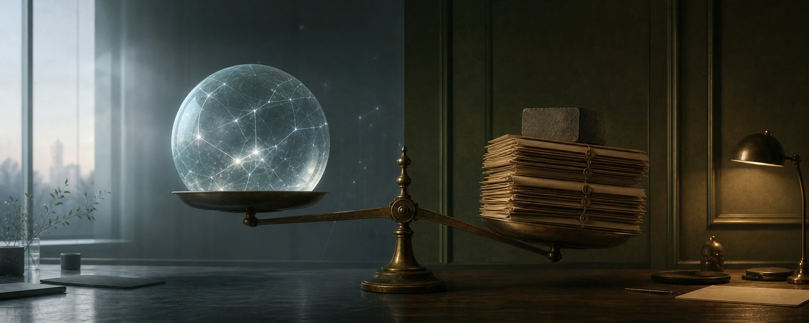 光る球と書類の束を載せた天秤が書類側に傾く。AIの期待が収益と法的責任の重みで測られ始めたことを表す。