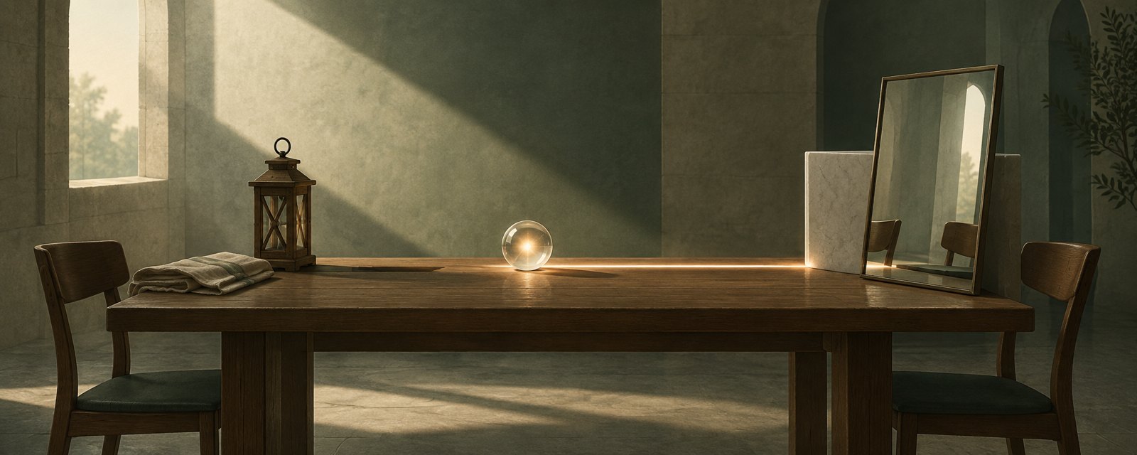 A quiet room: a faint glowing sphere on a table between an old lantern and a mirror, evoking reliance on tradition and the turn back toward humans.