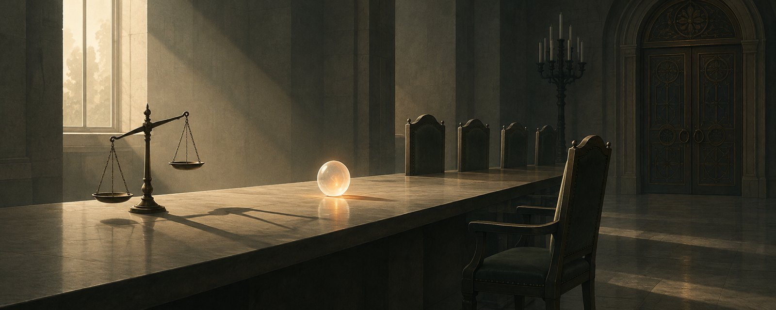 A dim stone hall: a faintly glowing sphere on a long table, empty chairs around it, a tilted scale casting a shadow — who confers legitimacy?